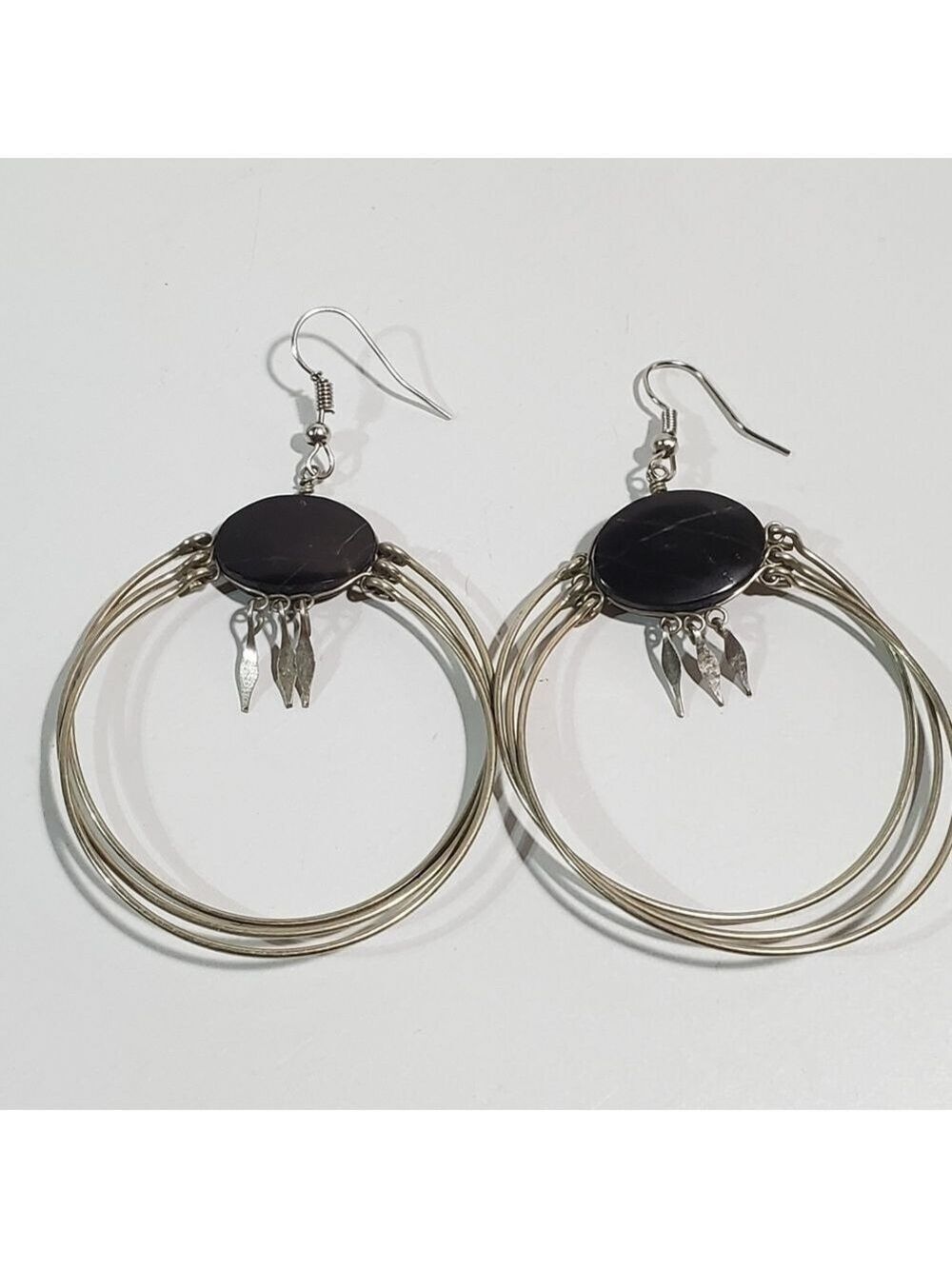 Handmade Black Tourmaline native American style wires wrap hoop dangle earrings
